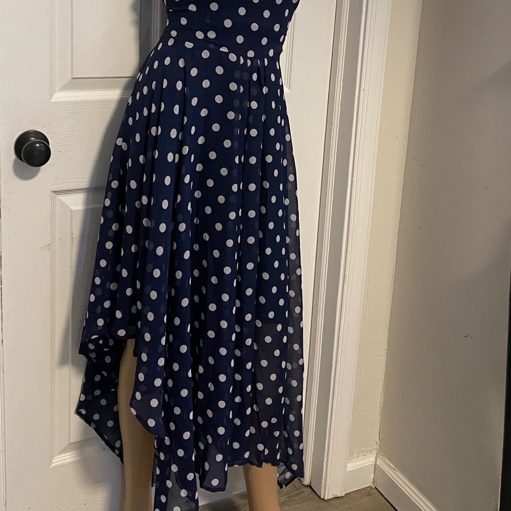 Jennifer Lauren navy blue polka dot handkerchief hem dress size L tie at waist - Picture 9 of 11